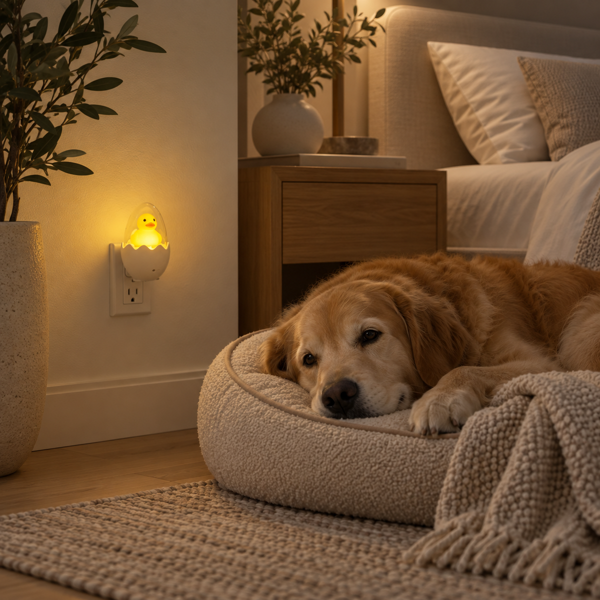 Cute duck night lights installed in the bedroom, hallway, and living room for soft nighttime lighting