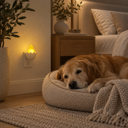 Cute duck night lights installed in the bedroom, hallway, and living room for soft nighttime lighting