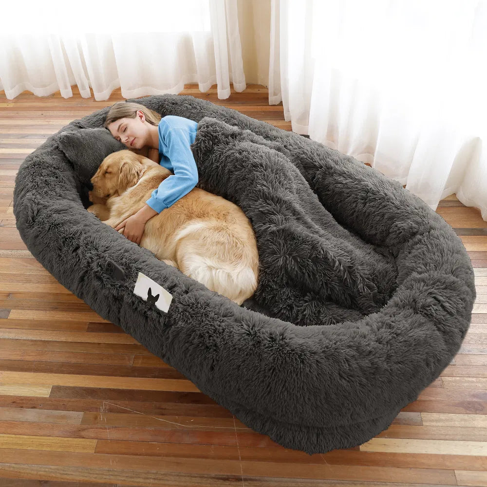 Dark gray human-size snuggle bed for dogs and people with plush raised sides