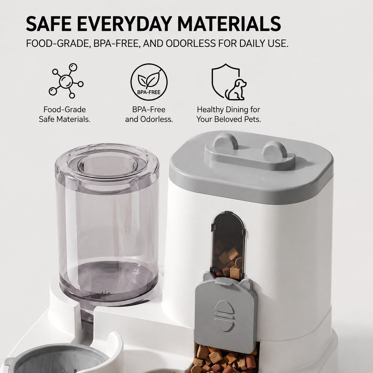 Detachable food container and water dispenser on the PawServe gravity pet feeding station