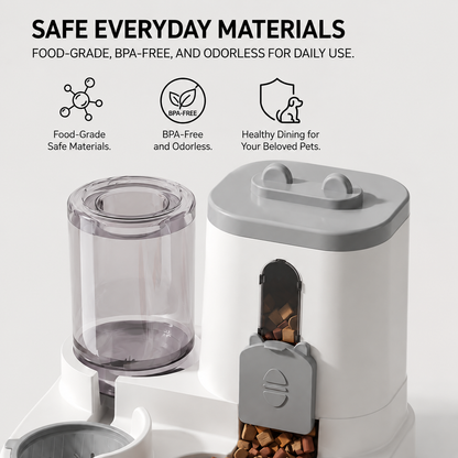Detachable food container and water dispenser on the PawServe gravity pet feeding station