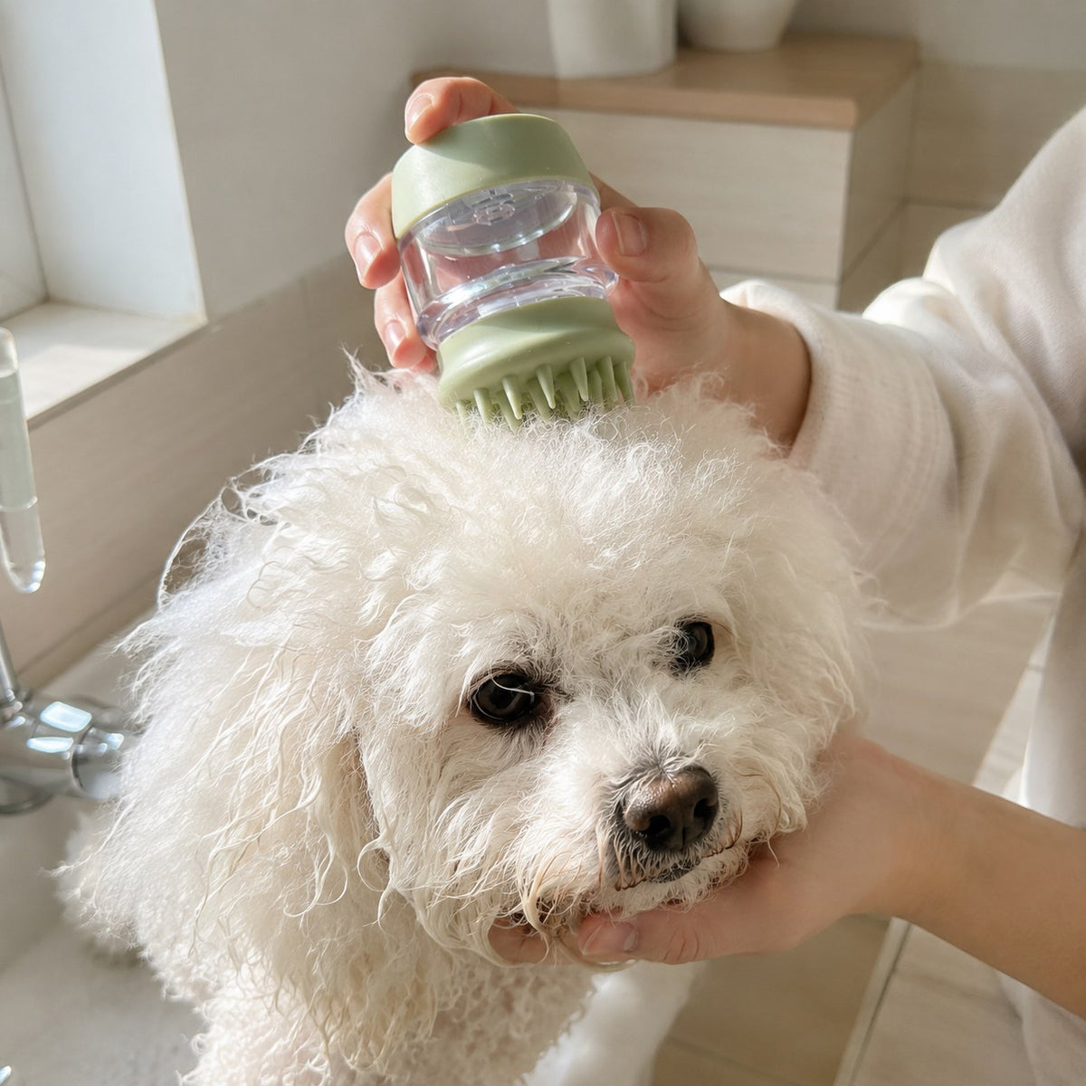 White dog being gently groomed with a silicone pet bath and massage brush