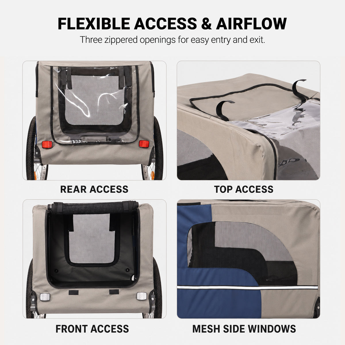 Ventilated dog bike trailer design with airflow panels for pet comfort