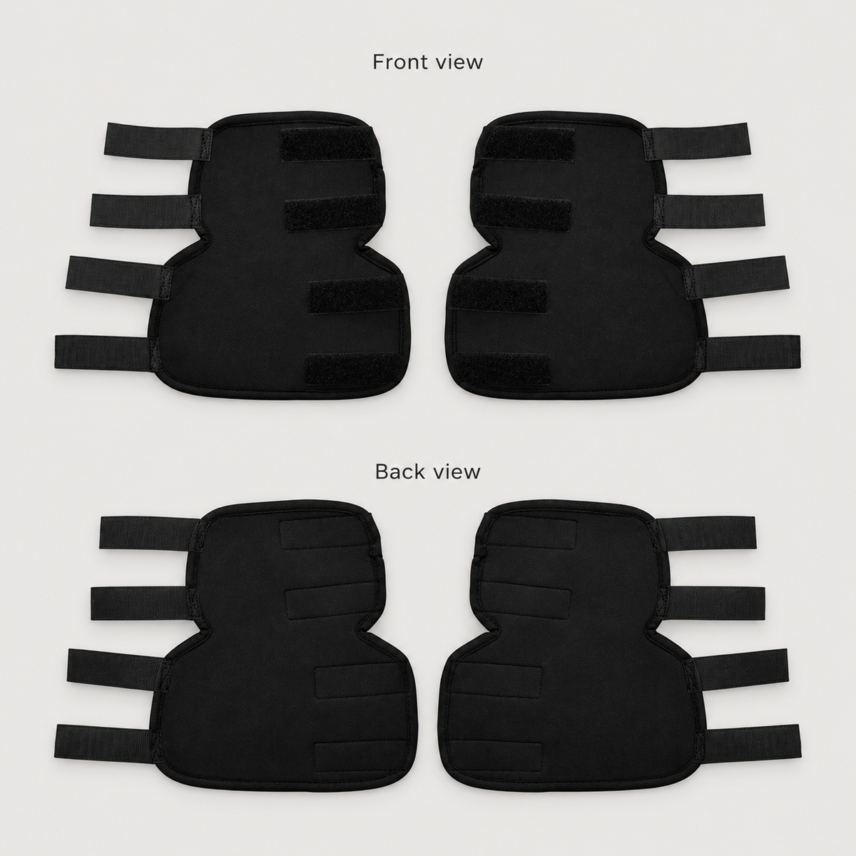 Black dog elbow support brace front and back view showing four adjustable straps