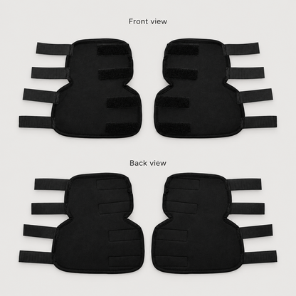 Black dog elbow support brace front and back view showing four adjustable straps