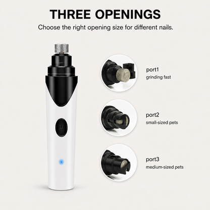 QuietTrim dog nail grinder with three grinding openings for different nail sizes