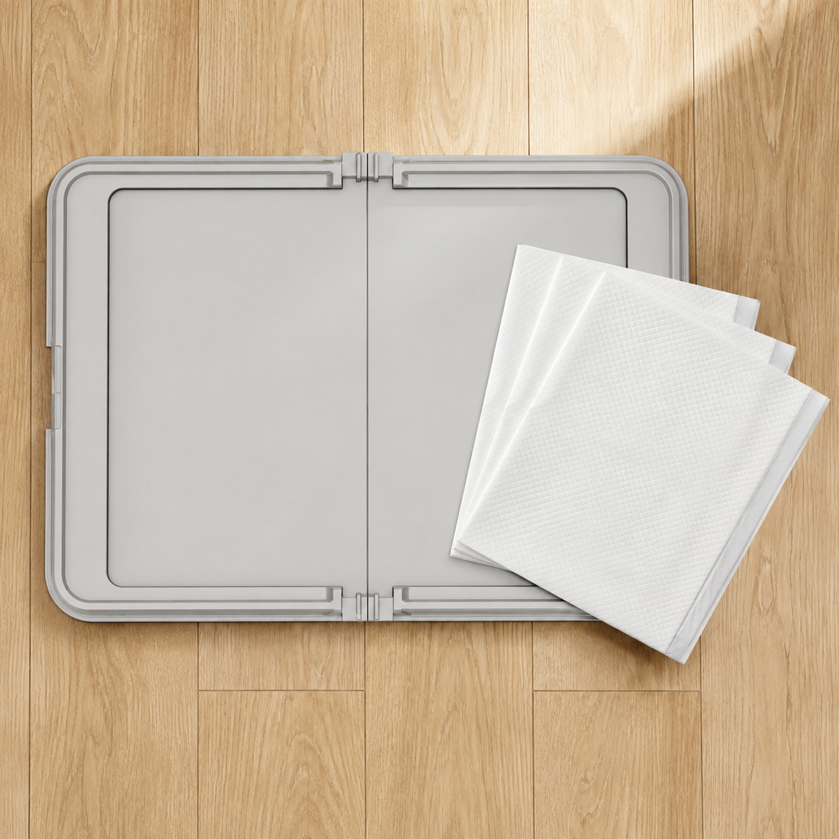 Gray reusable dog pee pad tray shown with three disposable absorbent pee pads