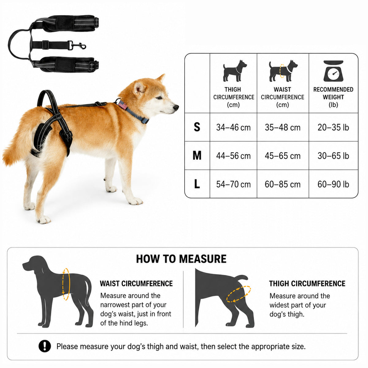 LiftAssist rear support sling size guide for choosing the right fit for your dog