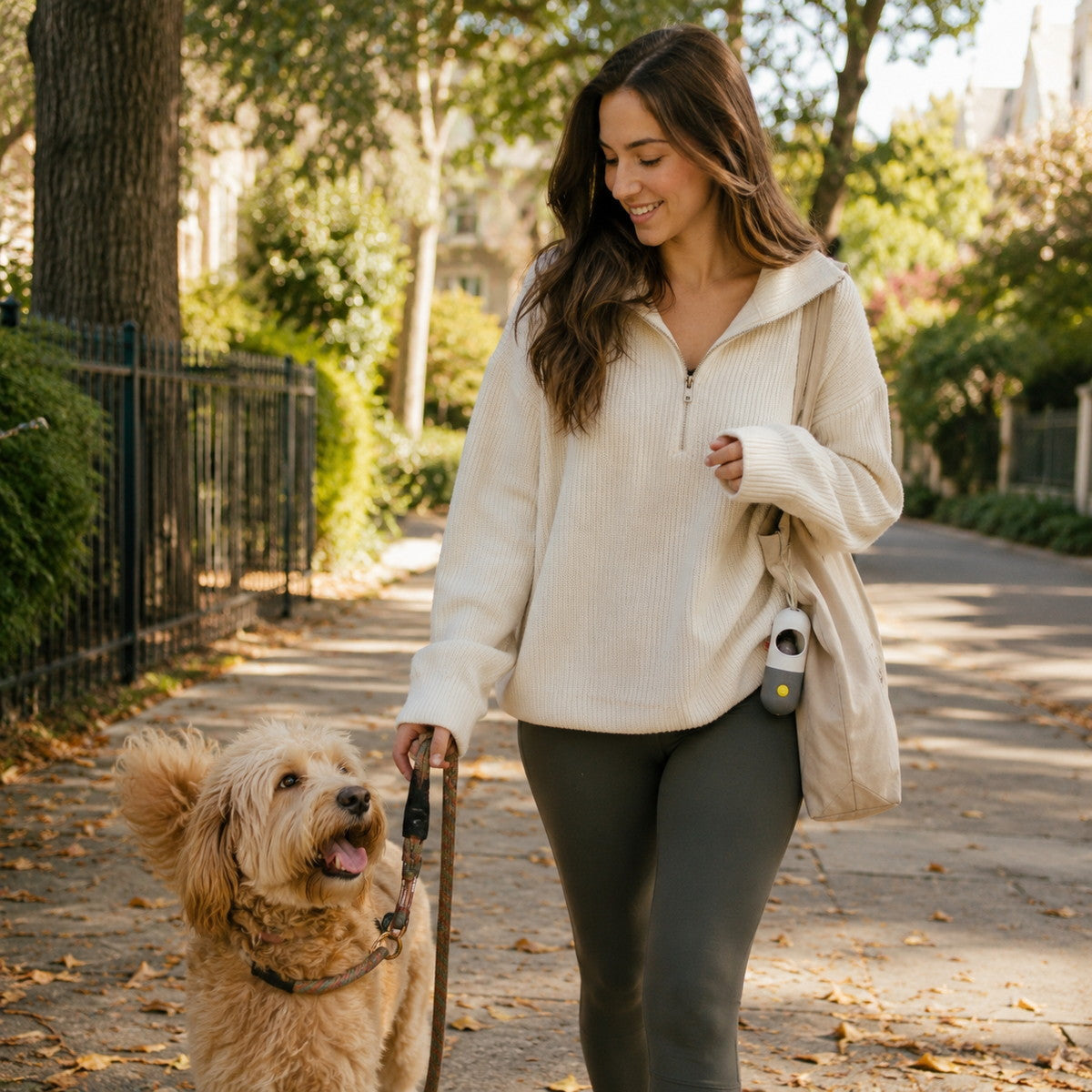 Portable dog waste bag dispenser clipped to a bag during a daytime dog walk