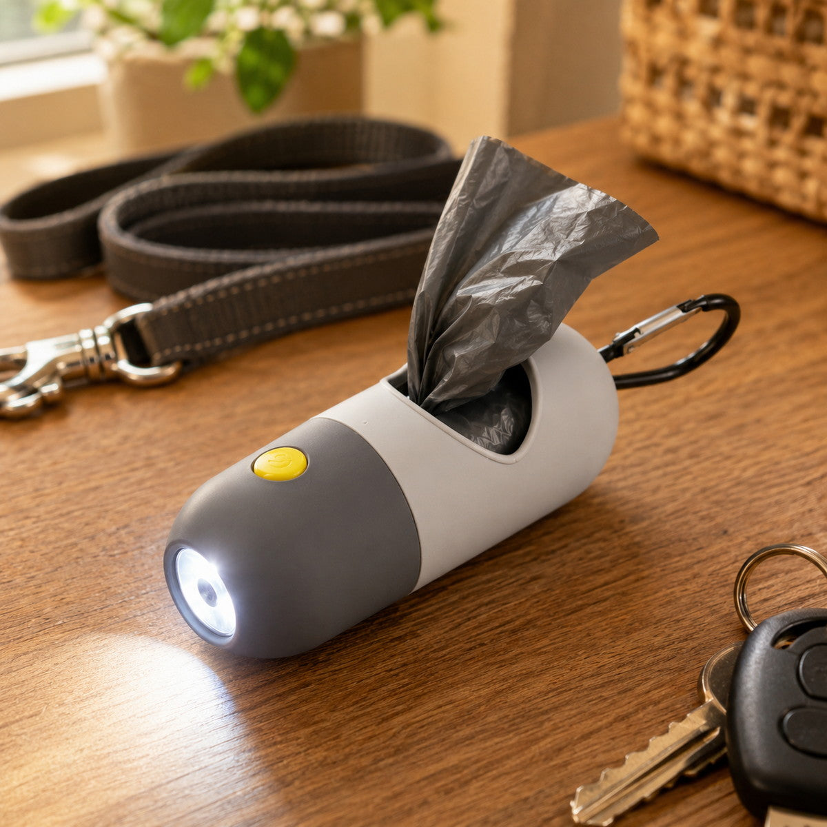 Dog waste bag dispenser with quick-access bags and built-in LED light
