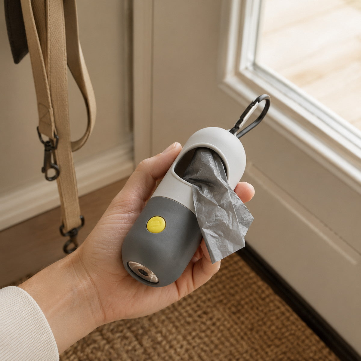 Dog waste bag dispenser with easy-access bag opening for everyday walks