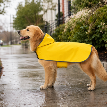 Dog wearing reversible waterproof rain jacket outdoors