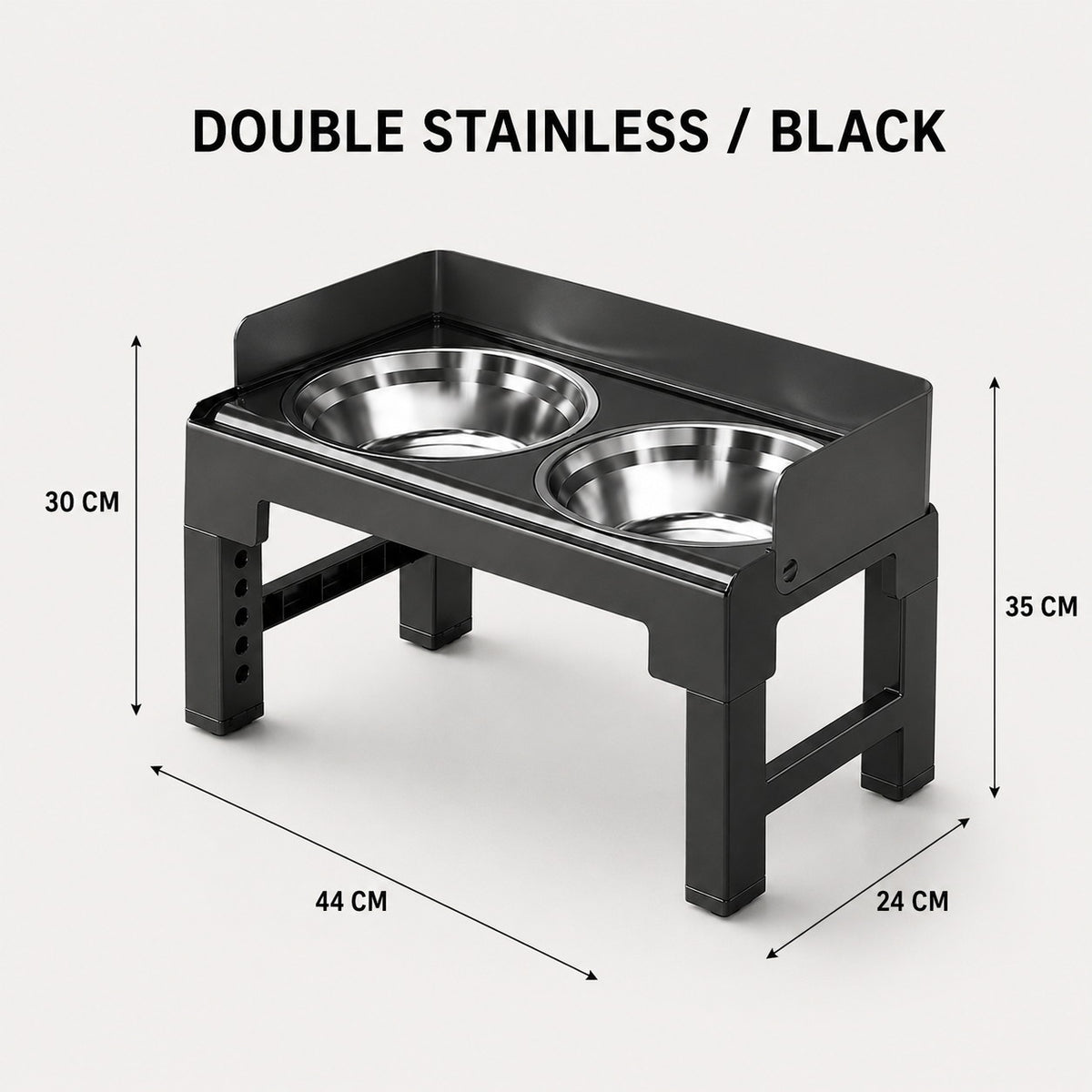 Black adjustable elevated dog bowl with two stainless steel bowls and dimensions