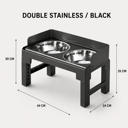 Black adjustable elevated dog bowl with two stainless steel bowls and dimensions