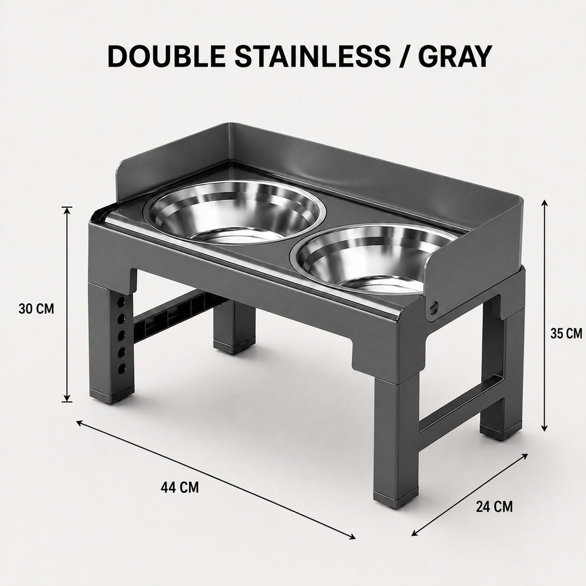 Gray adjustable elevated dog bowl with two stainless steel bowls and dimensions