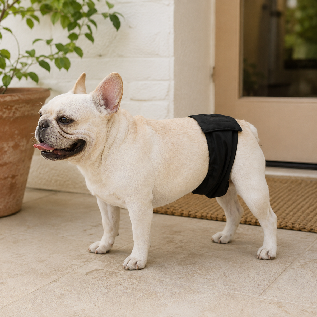 Male dog wearing the DryGuard washable belly band during everyday indoor use