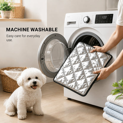 DryNest machine washable waterproof pet pad being placed into a washing machine