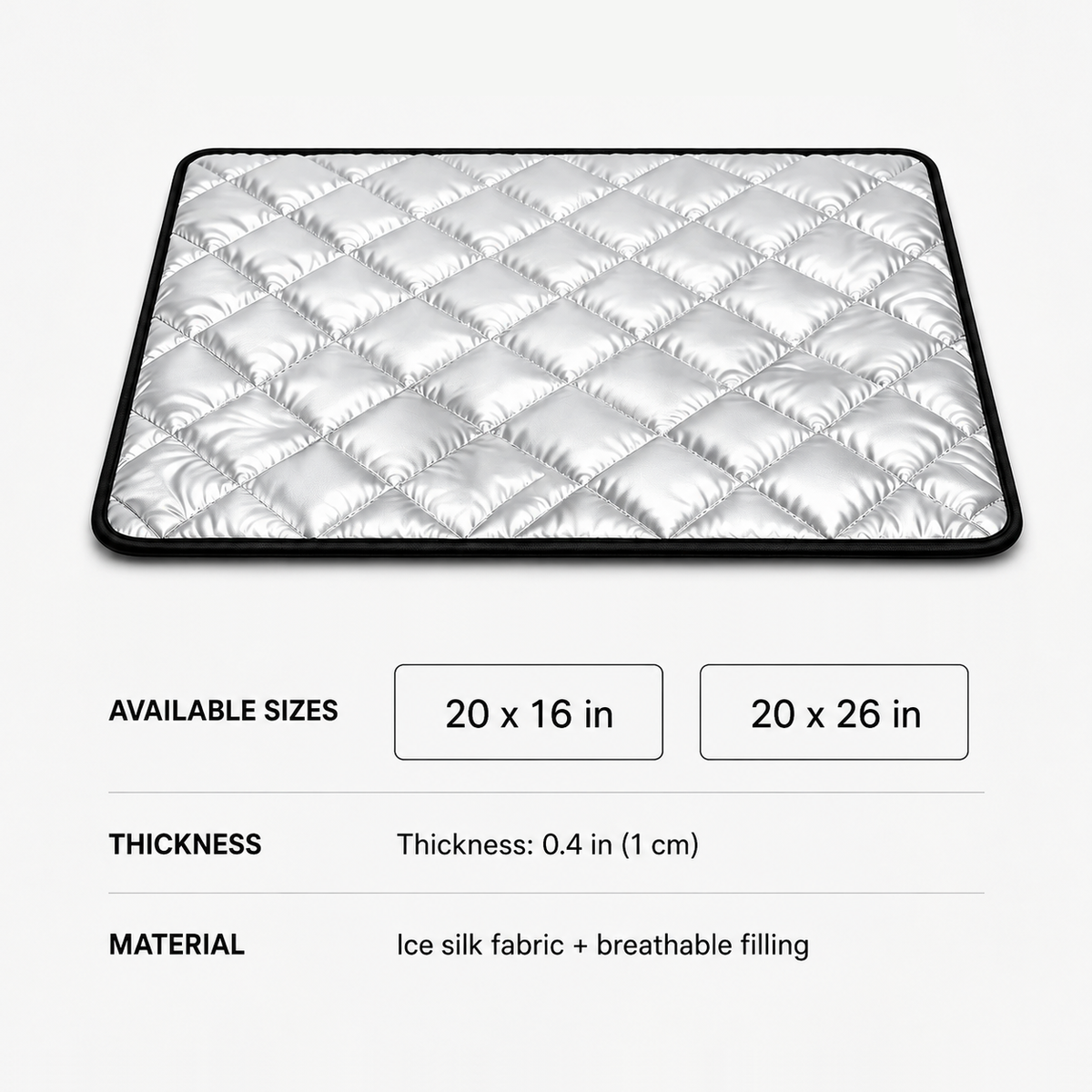 DryNest pet pad size guide showing 20 by 16 inch and 20 by 26 inch options