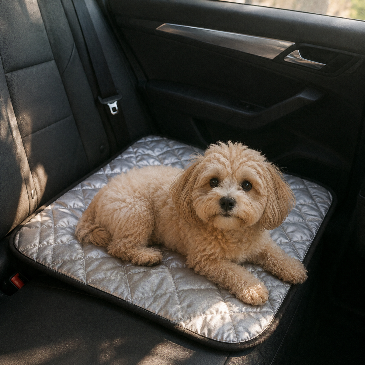 Gray cat resting on DryNest washable pet pad on a car seat