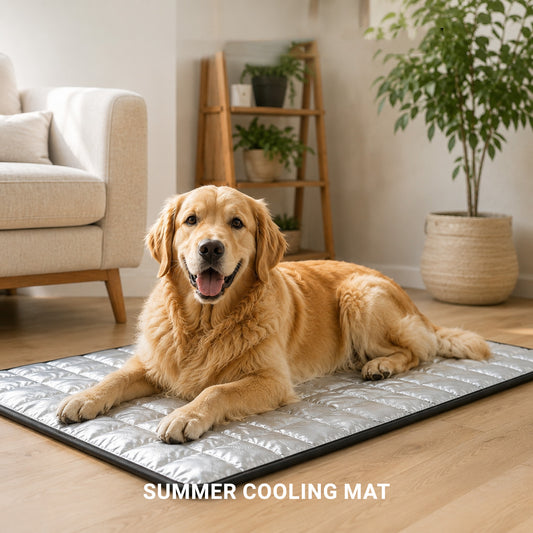Golden retriever resting on DryNest washable pet pad in a warm modern home