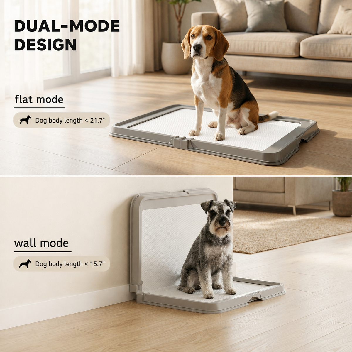 Dual mode foldable dog pee pad holder shown in flat floor mode and wall protection mode