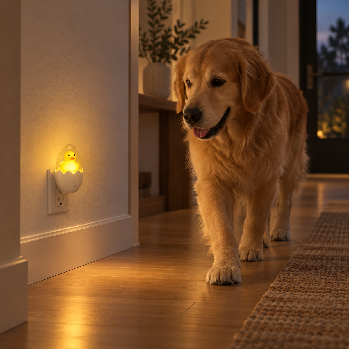 Multiple duck plug-in night lights glowing in a cozy home with a golden retriever resting nearby