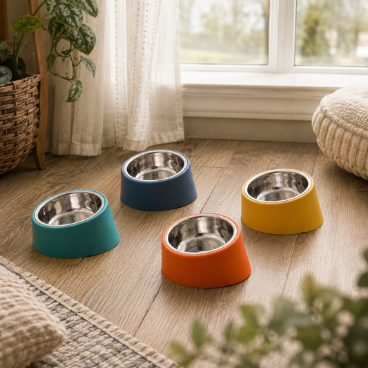 EasyReach angled stainless steel dog bowls in blue green orange and yellow in a home setting