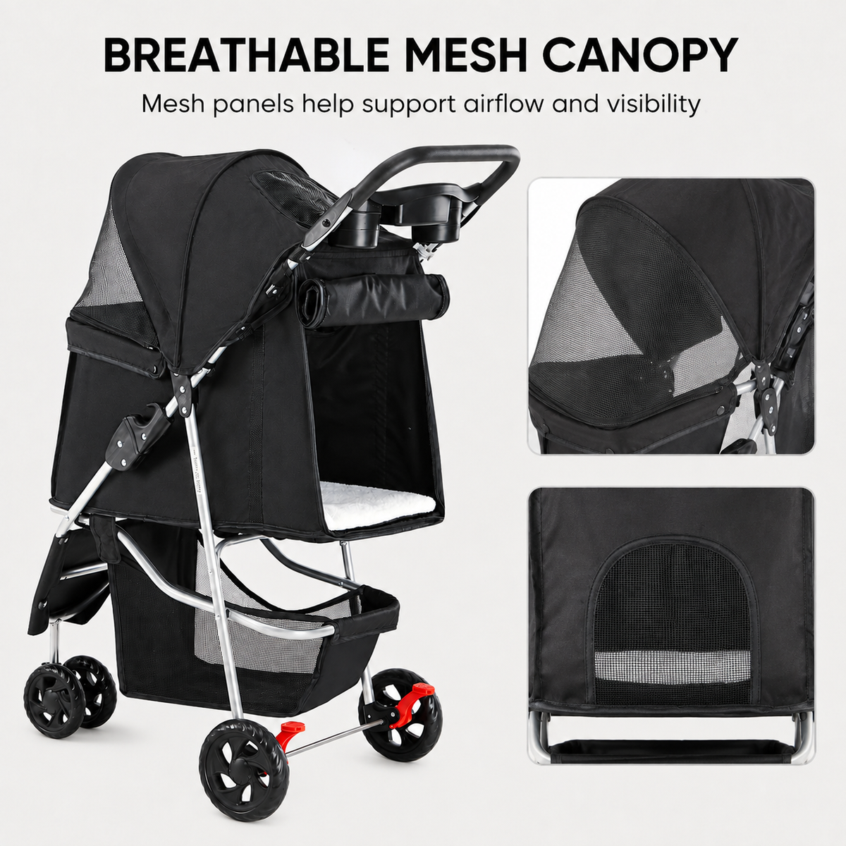 EasyRide black pet stroller side view with breathable mesh panels