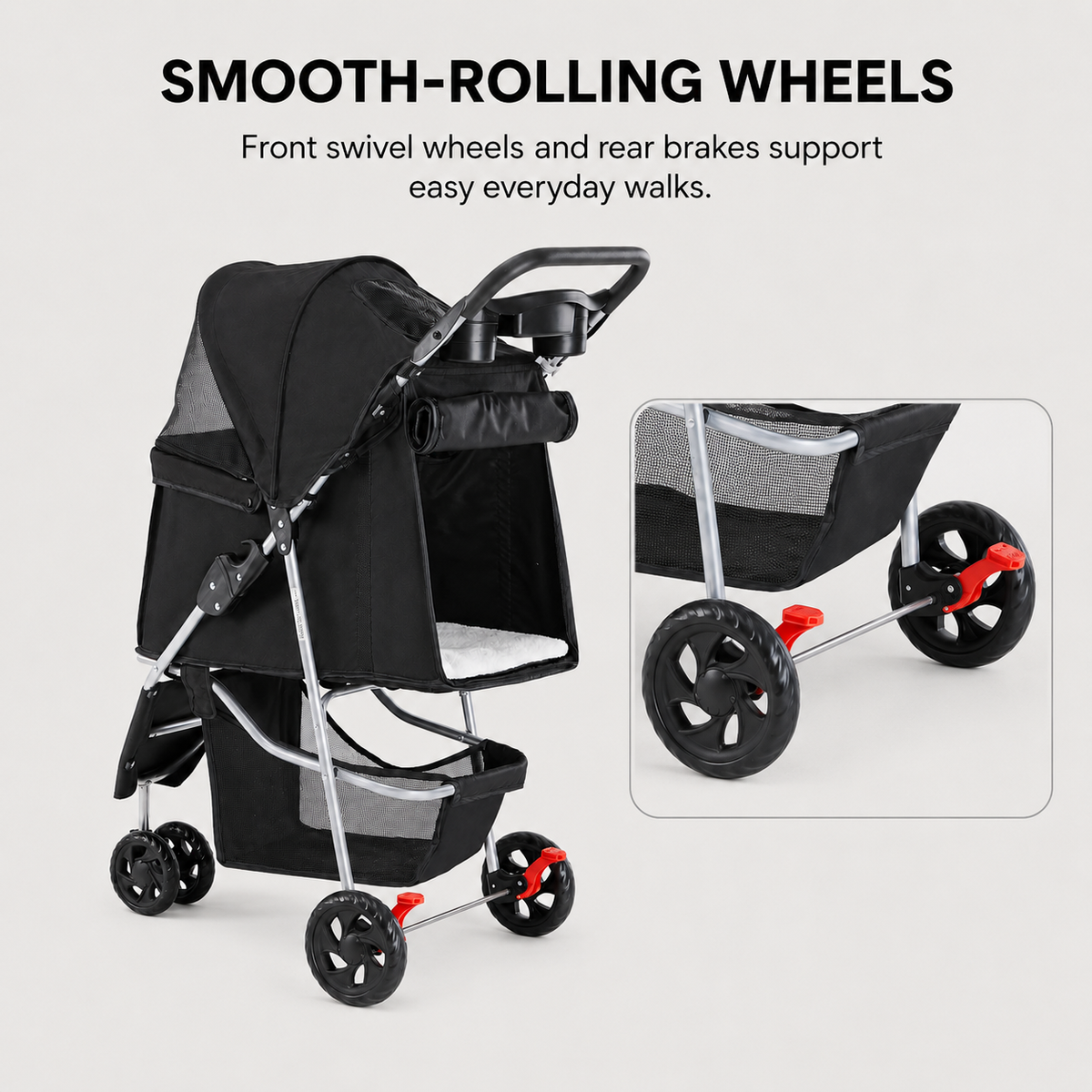 EasyRide four-wheel dog stroller with lockable wheels for everyday walks
