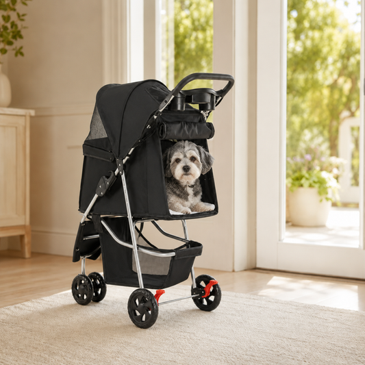 EasyRide foldable pet stroller with breathable mesh canopy and lower storage basket