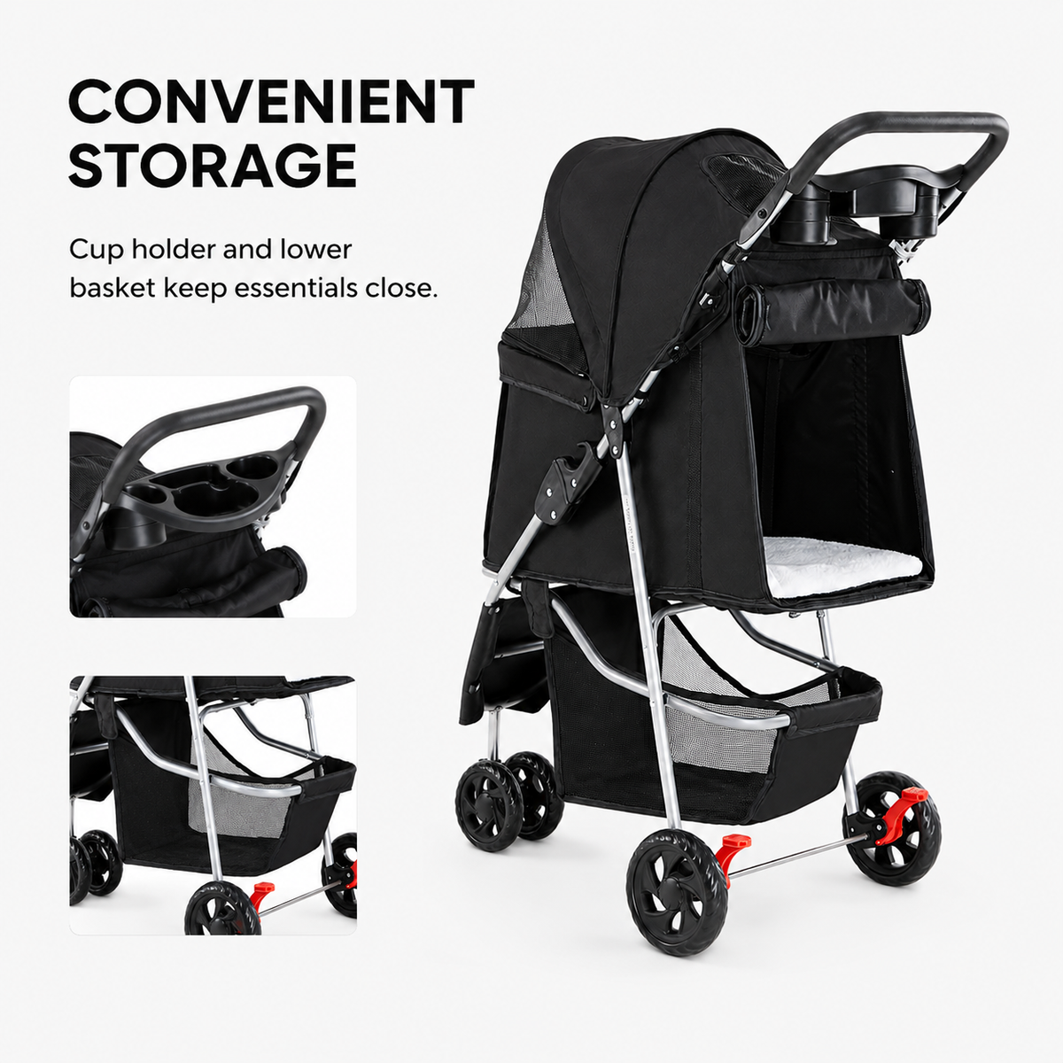 EasyRide foldable pet stroller with lower storage basket for treats toys and walking essentials