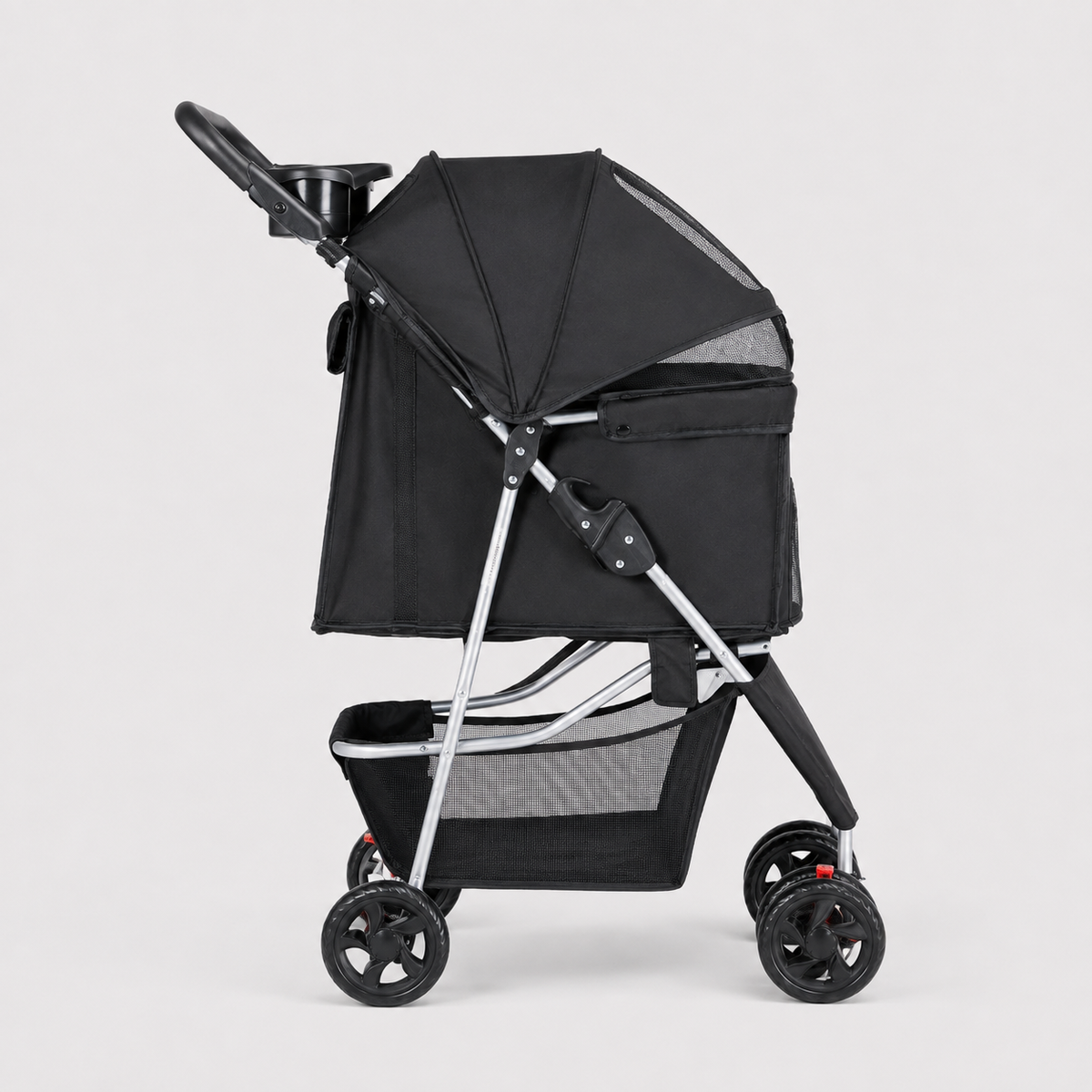 Side view of black EasyRide pet stroller with four-wheel frame and enclosed cabin