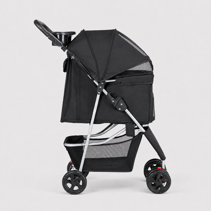 Side view of black EasyRide pet stroller with four-wheel frame and enclosed cabin