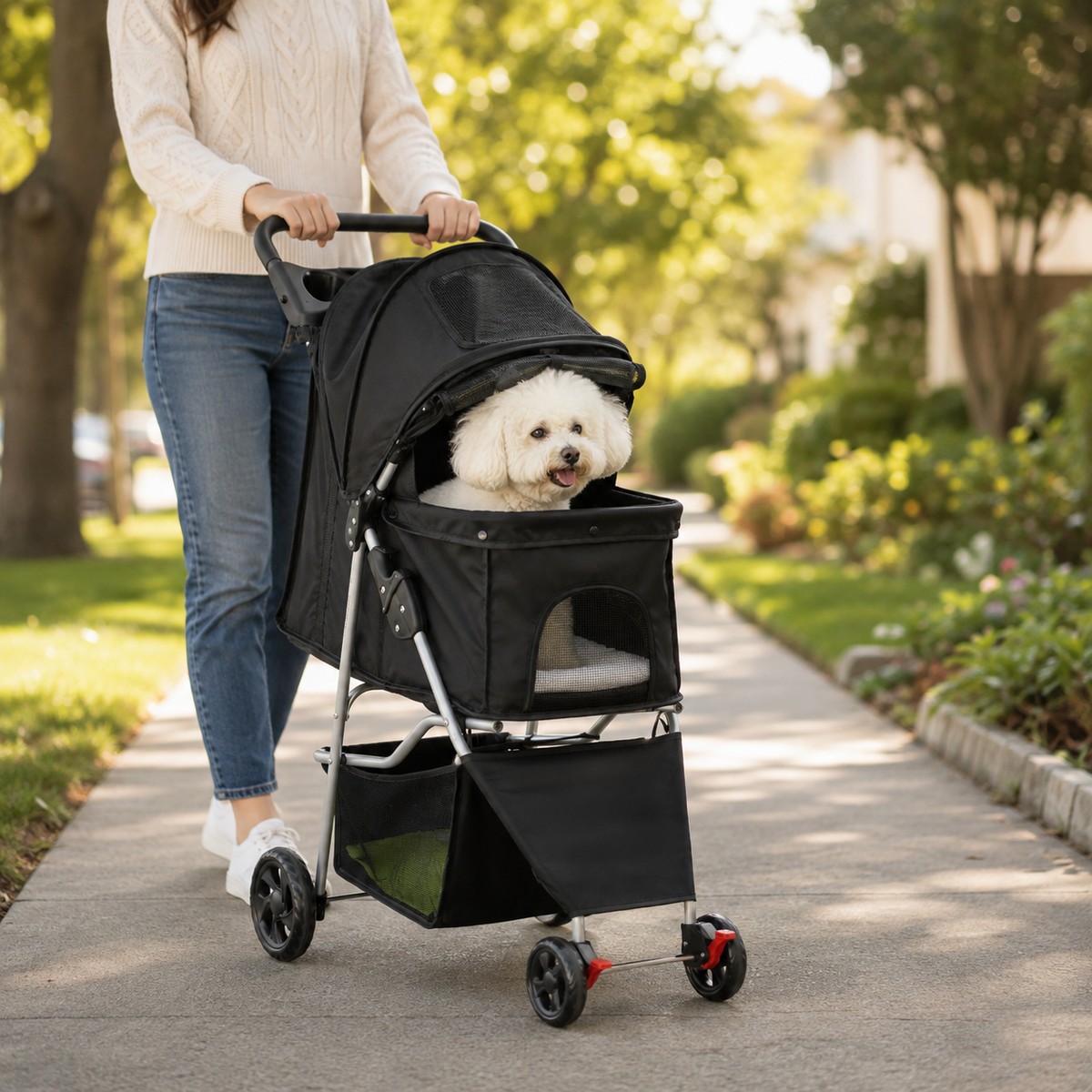 Small dog enjoying an outdoor walk in EasyRide pet stroller