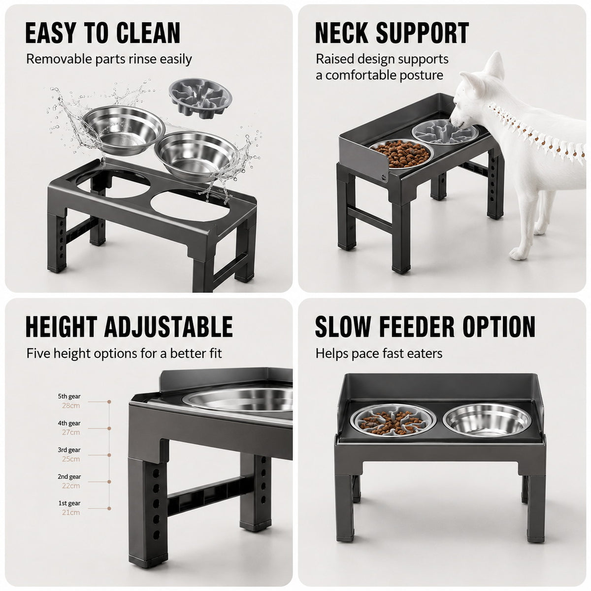 Adjustable elevated dog bowl features including removable bowls and slow feeder option