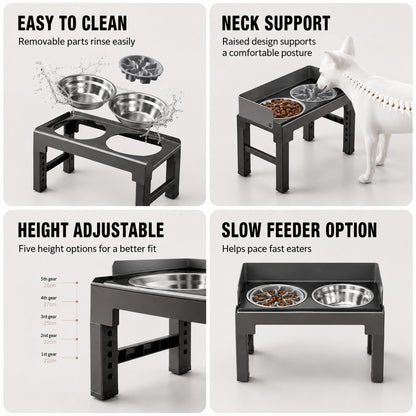 Adjustable elevated dog bowl features including removable bowls and slow feeder option