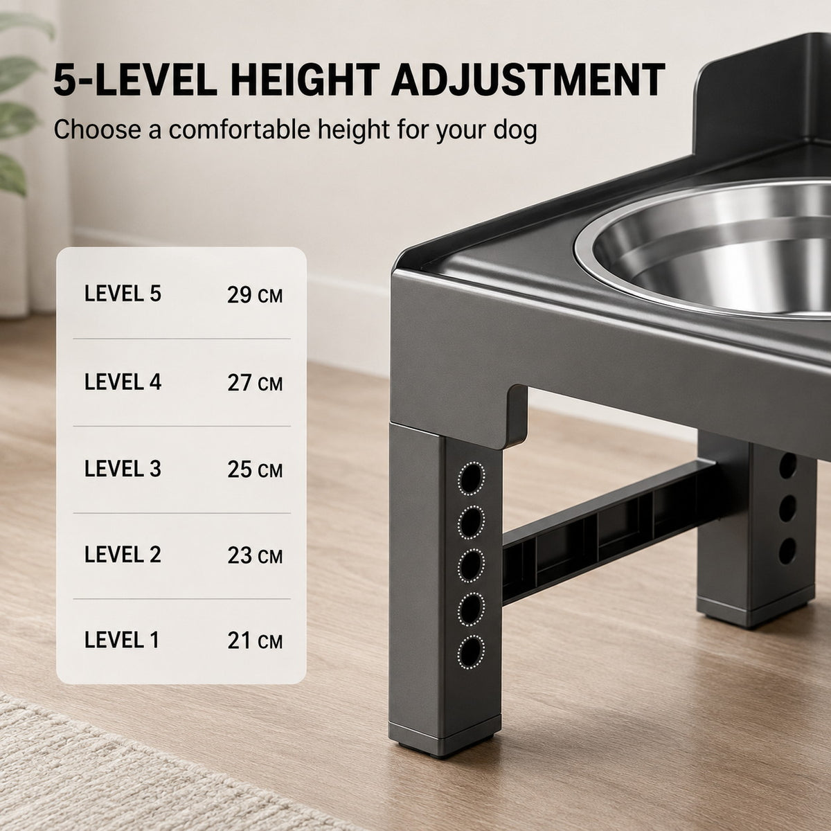Five-level adjustable height dog bowl stand with 21 to 29 centimeter settings