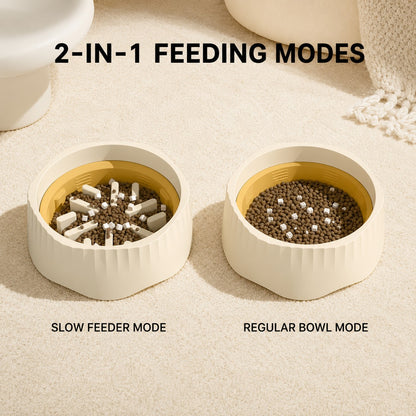 FlexFeed dog bowl showing slow feeder mode and regular bowl mode side by side
