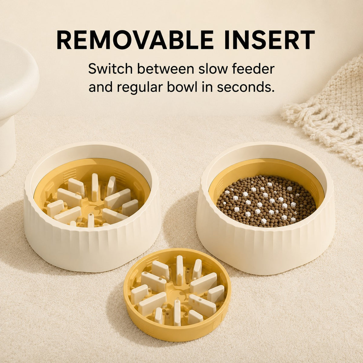 FlexFeed removable slow feeder insert switching between slow feeding and regular bowl use