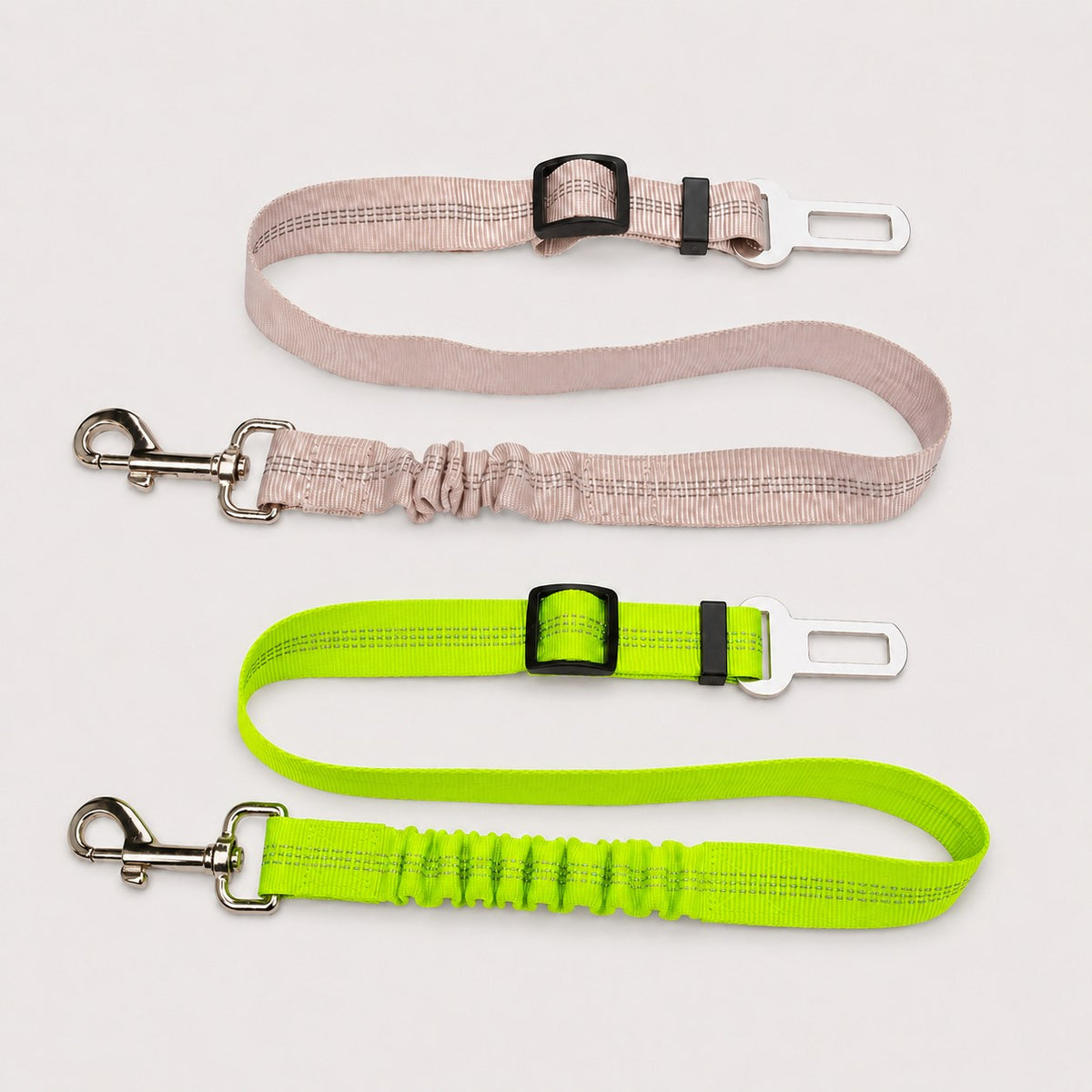 FlexRide two-piece dog car seat belt set in grey and reflective green