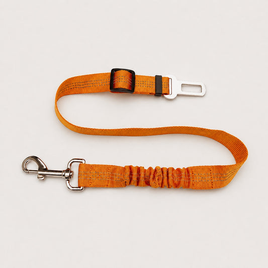 Orange FlexRide reflective dog car seat belt with adjustable bungee tether