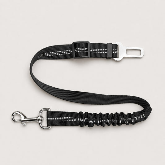 Black FlexRide reflective dog car seat belt with adjustable bungee tether