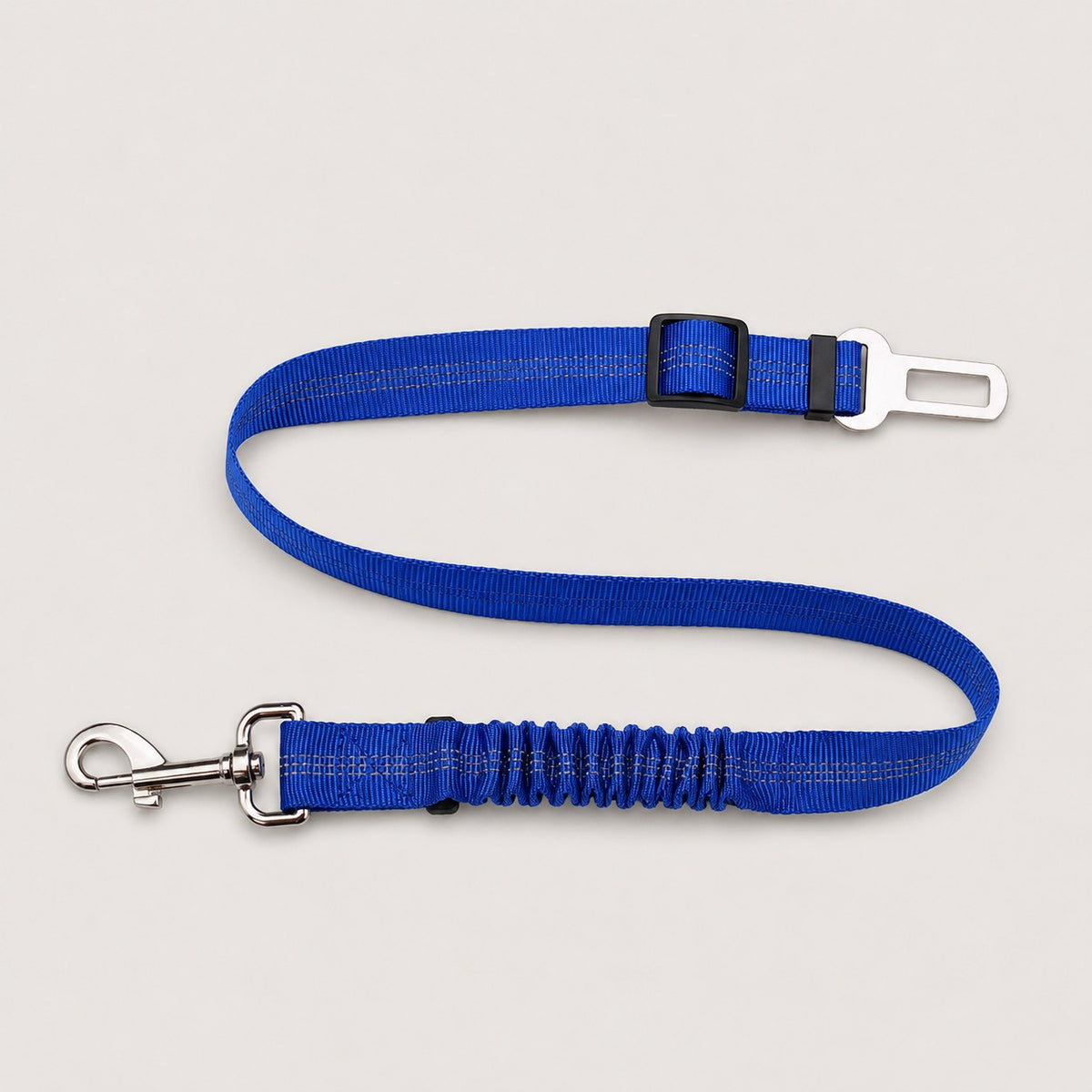 Blue FlexRide reflective dog car seat belt with adjustable bungee tether