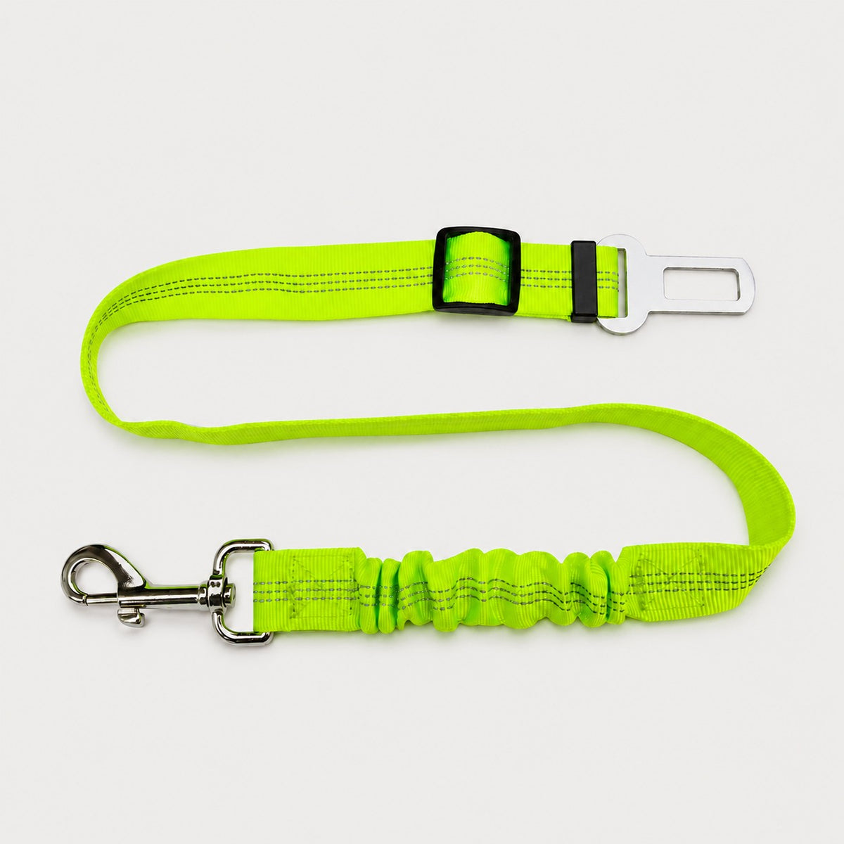 Green FlexRide reflective dog car seat belt with adjustable bungee tether