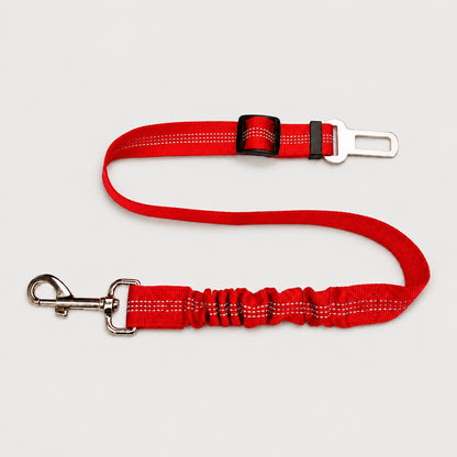 Red FlexRide reflective dog car seat belt with adjustable bungee tether