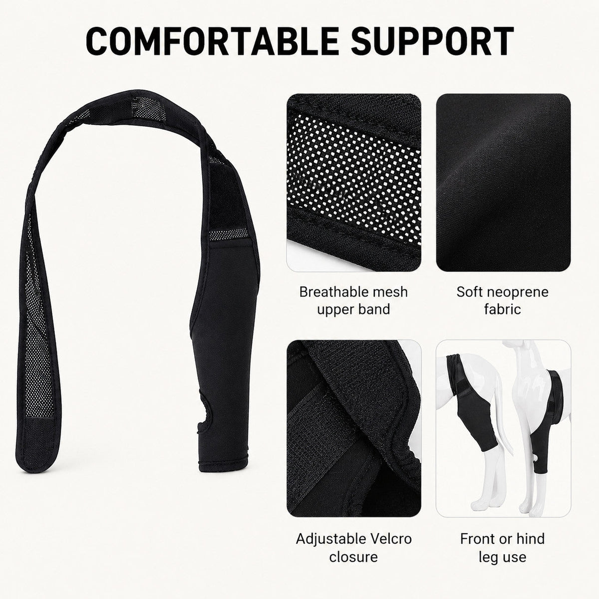 FlexSupport dog leg brace features including breathable mesh, soft neoprene and adjustable closure