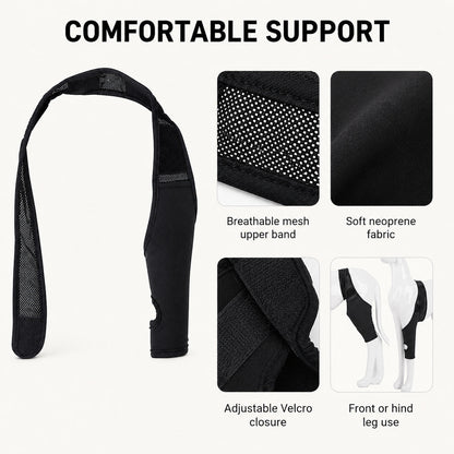 FlexSupport dog leg brace features including breathable mesh, soft neoprene and adjustable closure
