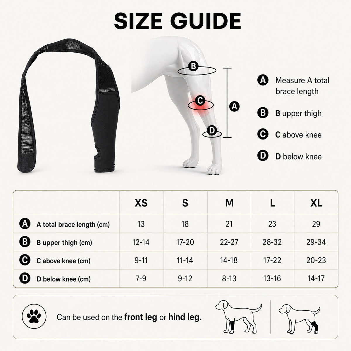 FlexSupport dog knee and leg brace size guide for XS through XL with leg measurements