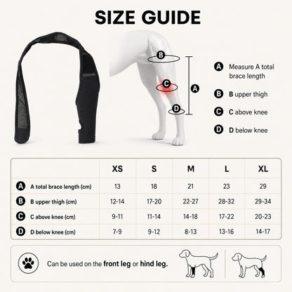 FlexSupport dog knee and leg brace size guide for XS through XL with leg measurements