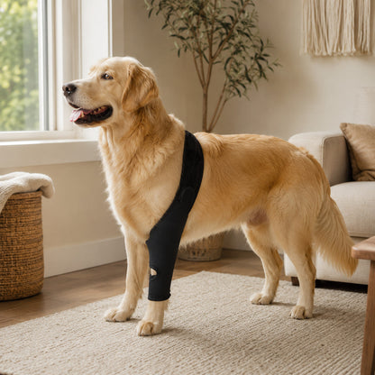 Golden retriever wearing a black FlexSupport leg brace at home for mobility support